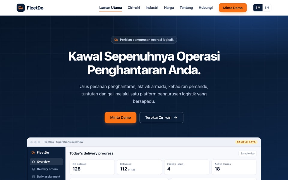 Screenshot of the fleet management project's public home page